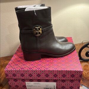 Tory Burch Brown Ankle Booties with Gold Buckle